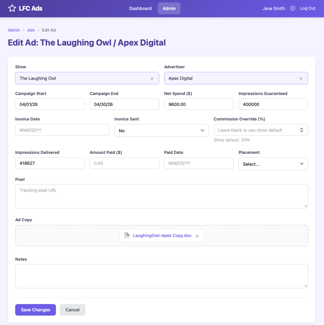 Ad editing form