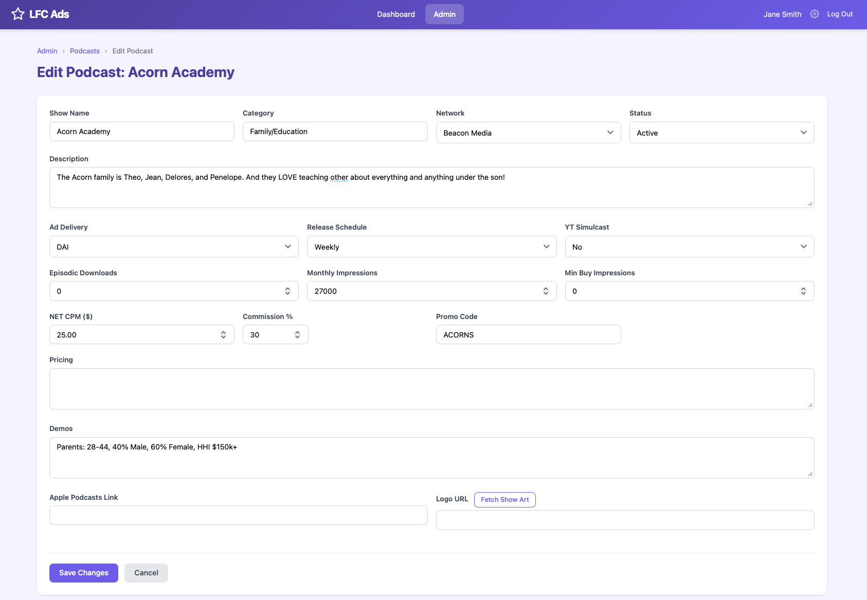 Show editing form